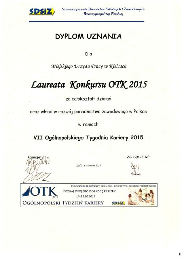 Miejski Urząd Pracy w Kielcach laureatem OTK 2015